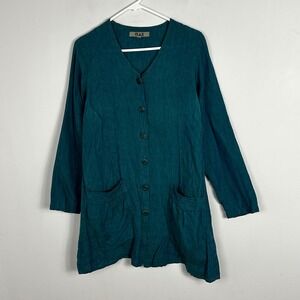 Flax‎ 100% Linen Teal Lagenlook Button Front Tunic Top Dress Womens Size P or XS